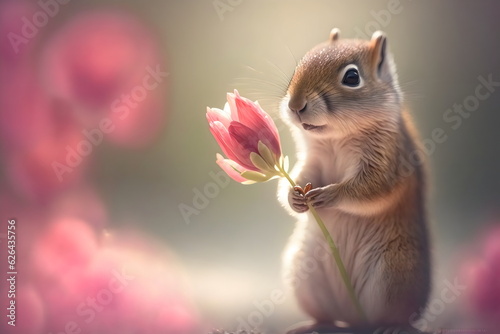 cute baby squirrel holding flower with bluer background. generative ai