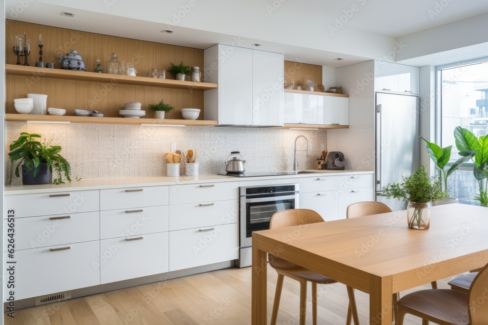 The interior of a contemporary kitchen is adorned with white countertops, a door, and peg boards. The interior of a contemporary kitchen is adorned with white countertops, a door, and peg boards.