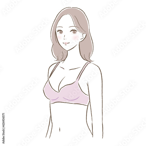 バストサイズが大きいブラジャー姿の若い女性のイラスト