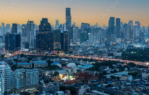 Condominium buildings  houses  expressway roads in the middle of the city. High angle view of the capital city of Bangkok  