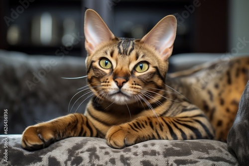 The Bengal cat is reclining on the couch and has a cheerful expression on its face.