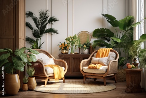 The living room interior has a balanced and aesthetic appeal, featuring a rattan armchair, numerous tropical plants showcased in decorative pots, and elegant personal accessories that enhance the