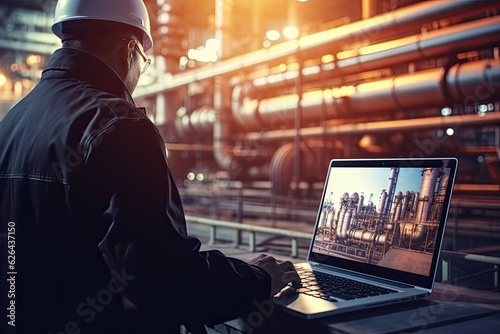 Engineer with laptop inspecting pipeline photo