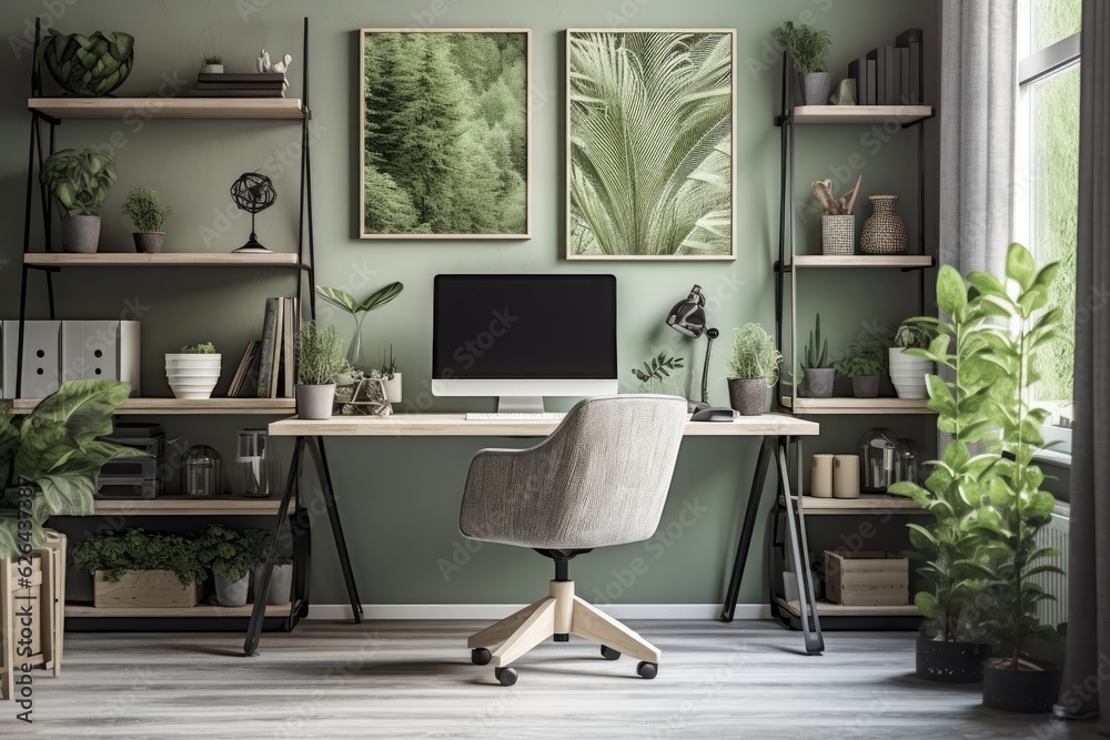 Fototapeta premium The grey home office interior is adorned with patterned posters hanging above a desk, where a computer monitor is placed. Additionally, there are plants adding a touch of greenery to the space.