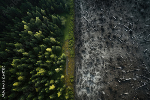 Deforestation concept, half of deforestated land and half of land with forest, drone view photo