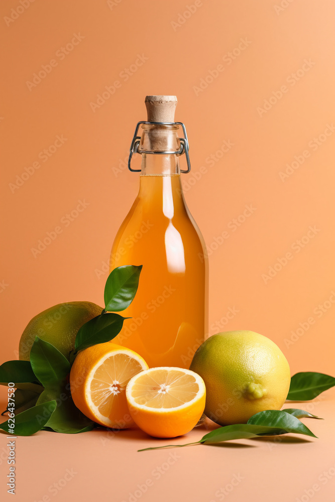 Generative AI.Kombucha fermented drink in glass and bottle on white background, copy space. Heathy probiotic drink - kombucha. homemade lemonade in glass bottle Generative AI.Kombucha fermented drink in glass and bottle on white background, copy space. Heathy probiotic drink - kombucha. homemade lemonade in glass bottle