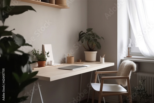 Generative AI. Modern workplace in room decorated with green potted plants. Home design. cozy space