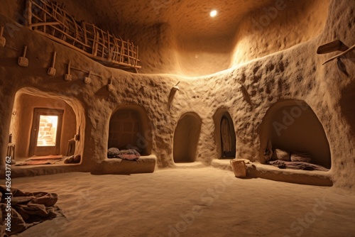 The interior of a traditional and historic mud house in Saudi Arabia's Arab culture. photo