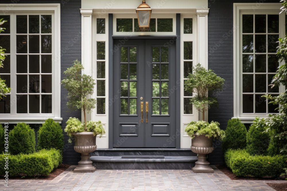 The front door of the traditional home is a classic style, with a dark gray color. The front door of the traditional home is a classic style, with a dark gray color.
