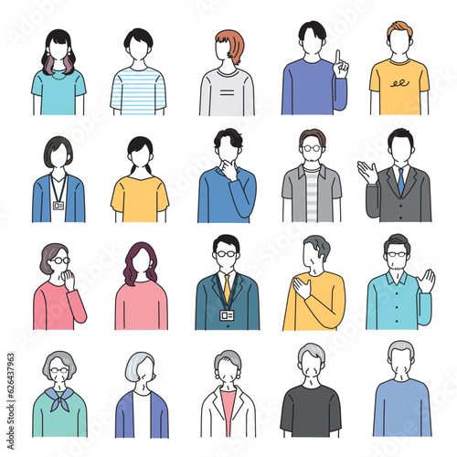 正面向きの人物のシンプルなイラストセット
