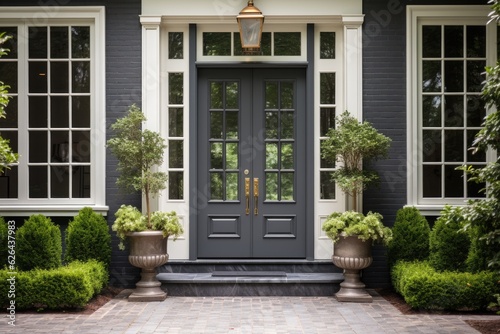 The front door of the traditional home is a classic style, with a dark gray color.