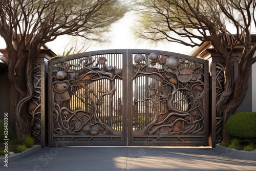 The front gate is made of steel and has an automated system for sliding it open.