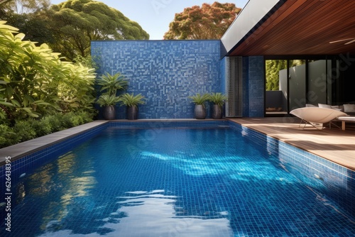 The backyard of a modern Australian residence featuring a swimming pool made of tiles. photo