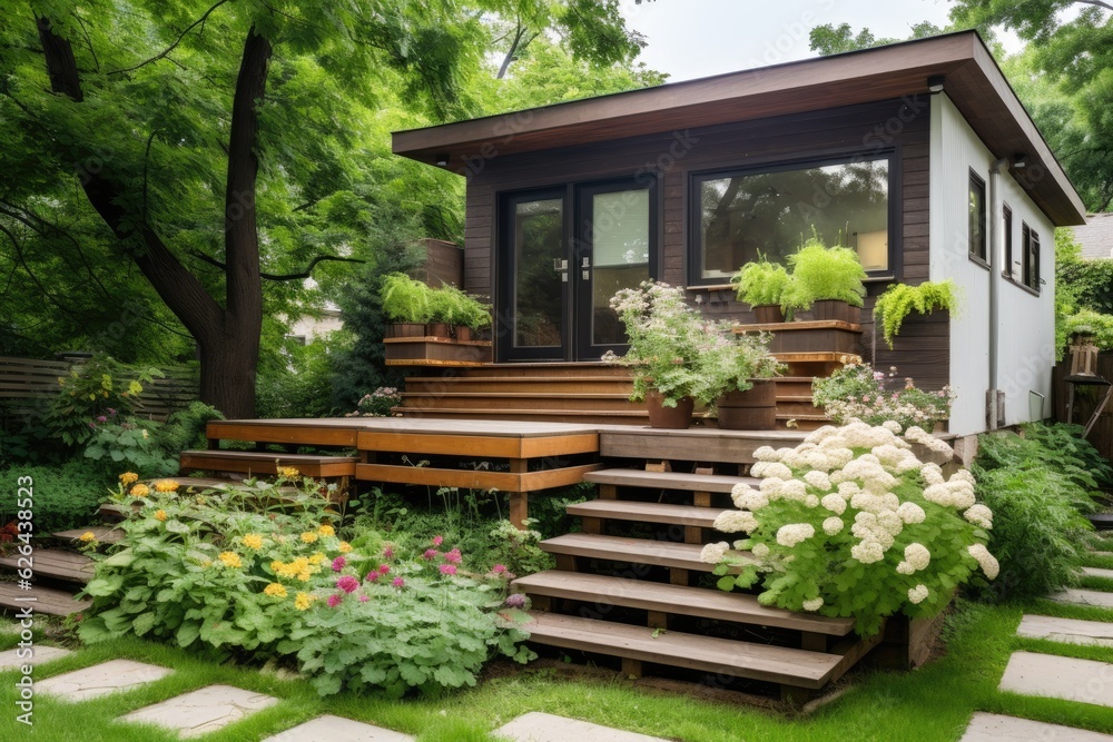 The house is a compact, neutral-colored dwelling with a wooden outdoor platform. In the front of the house is a small yard adorned with a garden filled with flowers and a patch of grass. The house is a compact, neutral-colored dwelling with a wooden outdoor platform. In the front of the house is a small yard adorned with a garden filled with flowers and a patch of grass.