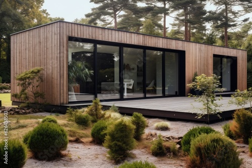 The front yard of the wooden holiday home is void of any objects or vegetation.