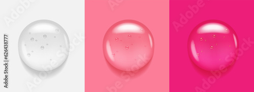 Transparent serum rose pink salmon gel drop. Oil textured liqud skin or hair care beauty prodict swatch. 3d clear face cream. Macro top view closeup of round puddle smudge in laboratory