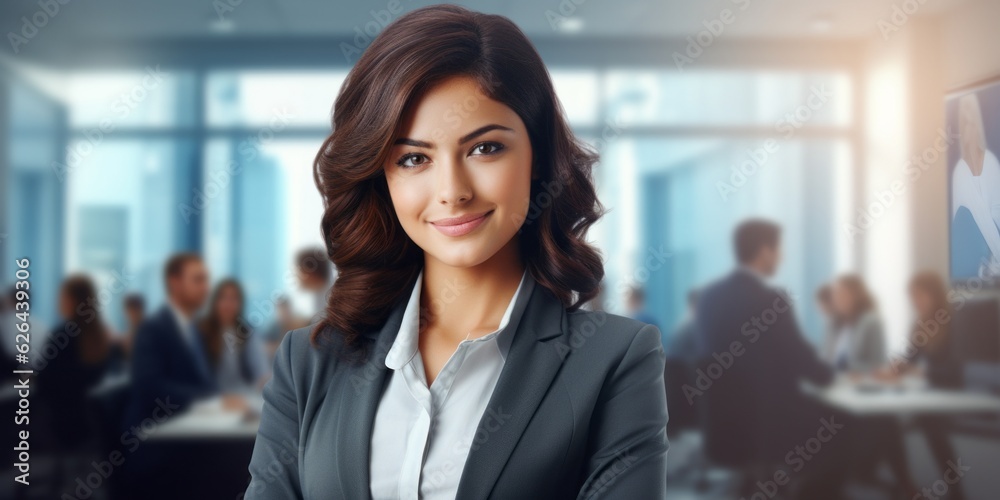 Joyful businesswoman in office scenery, Generative AI Joyful businesswoman in office scenery, Generative AI