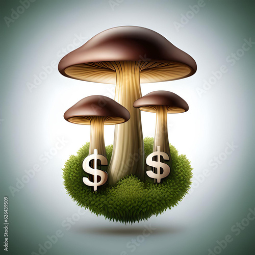 Floating Vignetted Psilocybin Mushrooms and Dollar Signs Profit Illustration 