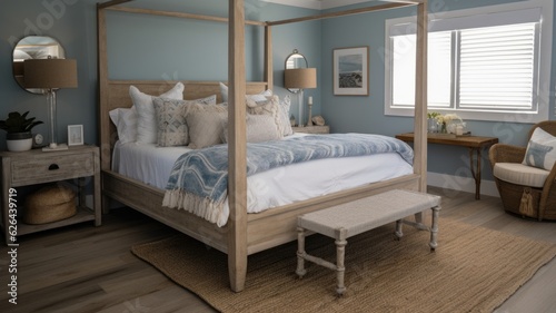 Bedroom decor, home interior design . Coastal Beachy style with Ocean View decorated with Wood and Wicker material . Generative AI AIG26. photo