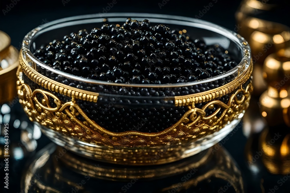 Black Caviar in an expensive crystal bowl with gold accents. Luxurious and expensive