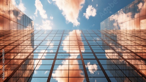 Office building with many windows reflect cloud and sky, creative architecture photot. Generative AI image weber. photo