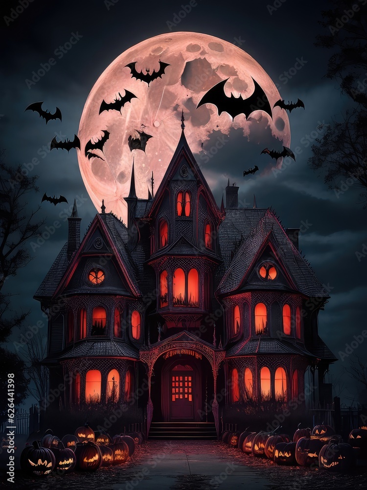 Illustration of a spooky house under a full moon