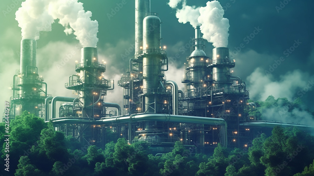 Pollution of industrial factories is prevented by green plants to fight global warming. Generative AI