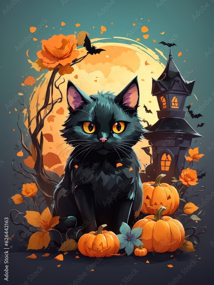 Illustration of a black cat perched on a pile of pumpkins Illustration of a black cat perched on a pile of pumpkins