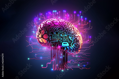 A digital brain with computer chips and circuits. Artificial Intelligence AI concept. Fluro coloured, dark background. photo