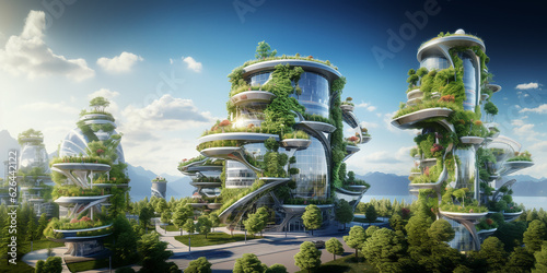 Futuristic architectural glass buildings covered in plants and trees. Futuristic sustainability concept.
