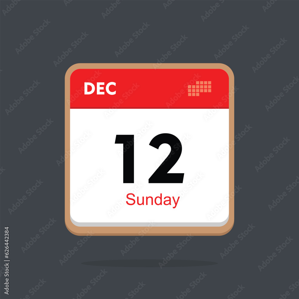 sunday 12 december icon with black background, calender icon