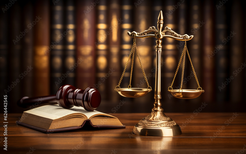 Judiciary hammer with justice scales on a wooden table Judiciary hammer with justice scales on a wooden table