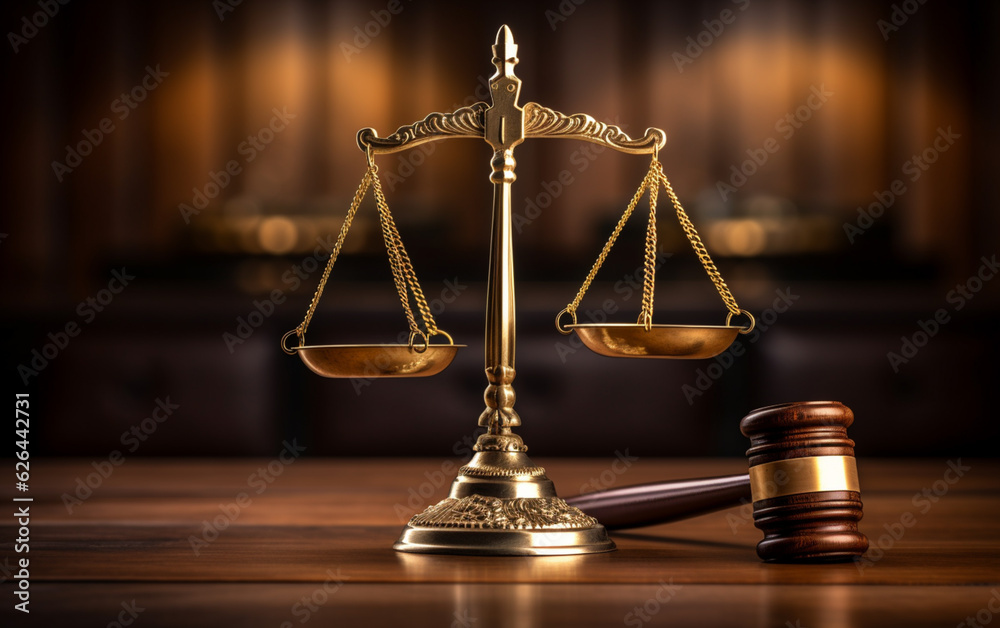 Judiciary hammer with justice scales on a wooden table Judiciary hammer with justice scales on a wooden table