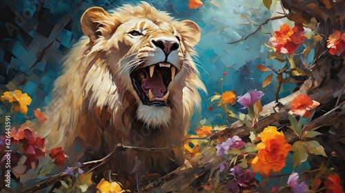 Lion with fantasy wild flowers forest and colorful butterflies background. Generative AI