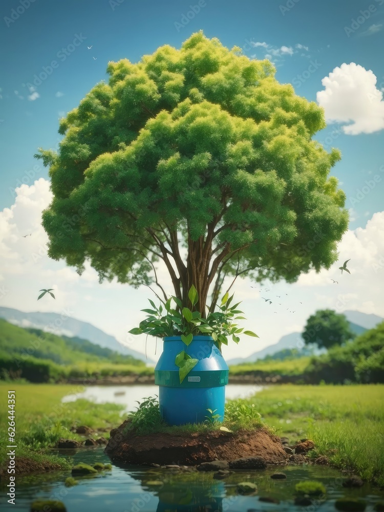 Illustration of a tree growing out of a blue barrel, a unique and vibrant artwork