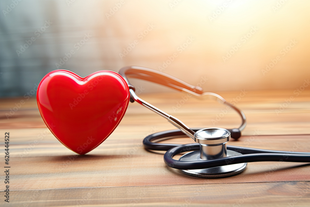 Stethoscope and red heart on wooden table. Cardiology concept Stethoscope and red heart on wooden table. Cardiology concept
