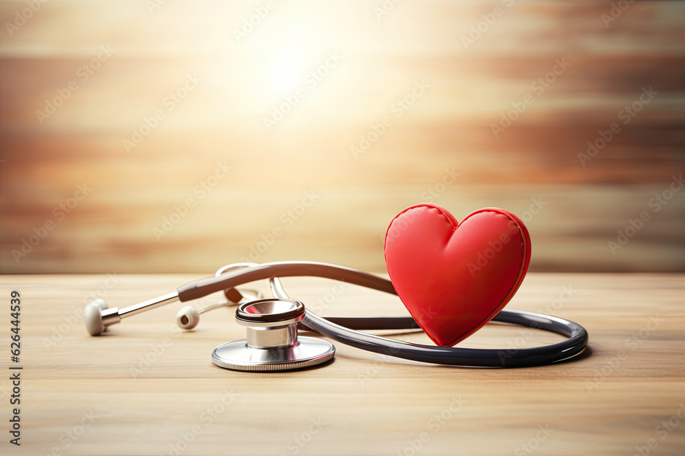 Stethoscope and red heart on wooden table. Cardiology concept Stethoscope and red heart on wooden table. Cardiology concept
