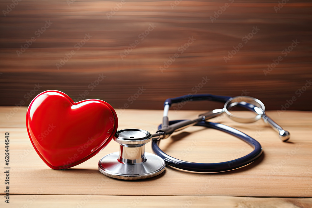 Stethoscope and red heart on wooden table. Cardiology concept Stethoscope and red heart on wooden table. Cardiology concept