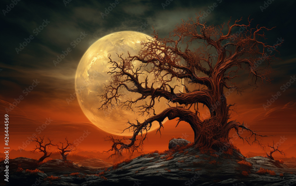Spooky tree against a big moon Spooky tree against a big moon