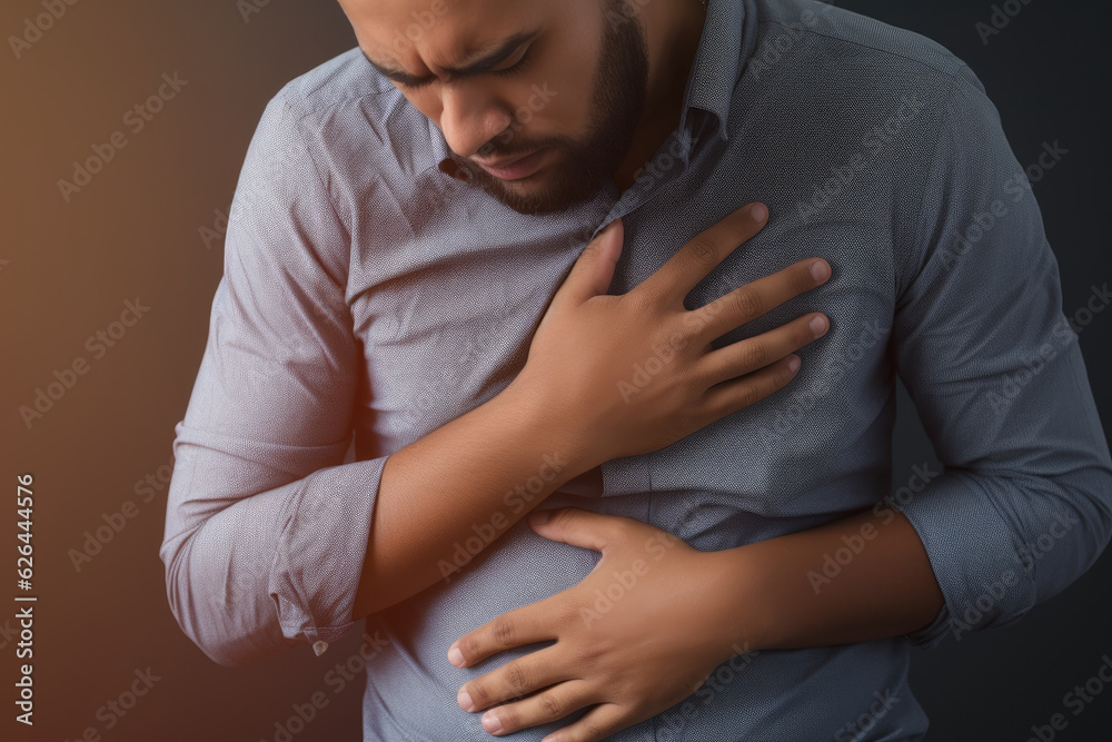 young man pressing chest painful young man pressing chest painful