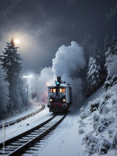 Illustration of a train traveling down snowy train tracks
