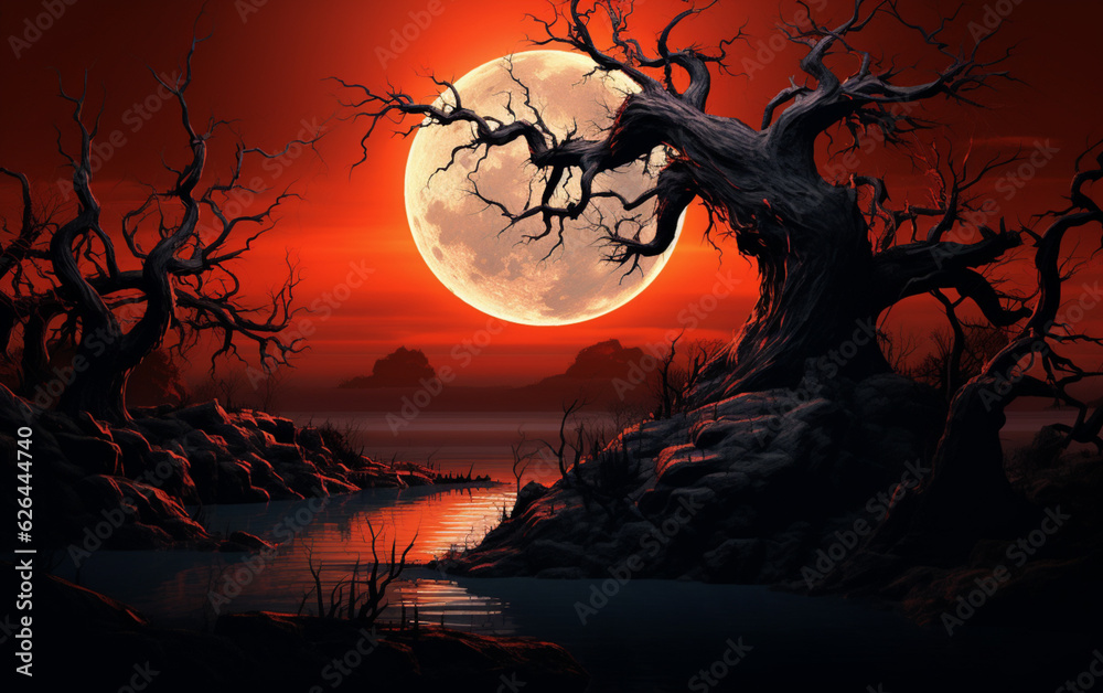 Spooky tree against a big moon Spooky tree against a big moon