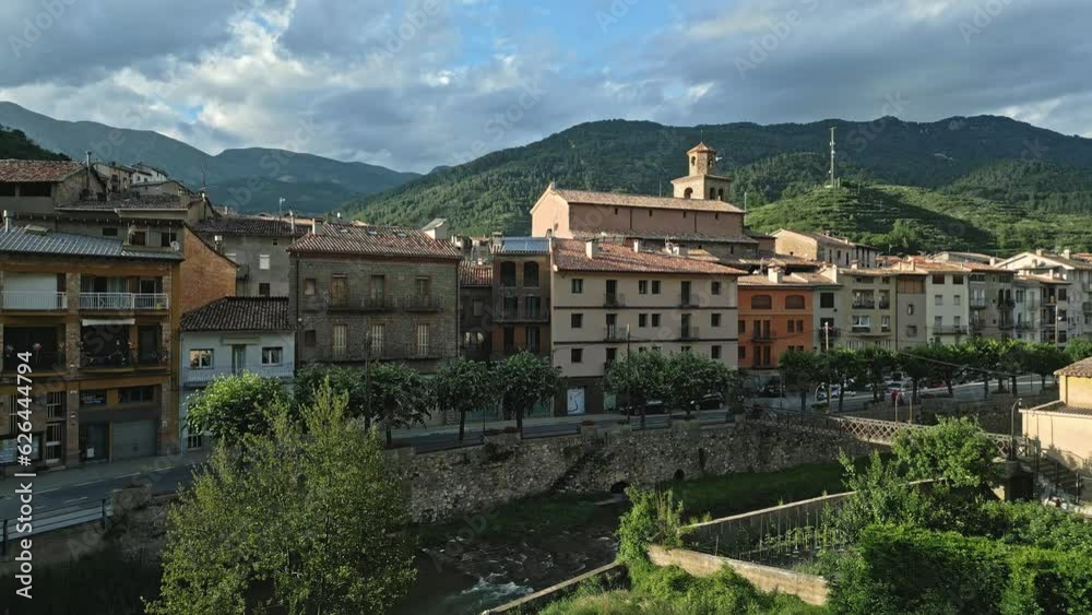 The main street in the town of La pobla de Lillet in Catalonia, aerial The main street in the town of La pobla de Lillet in Catalonia, aerial