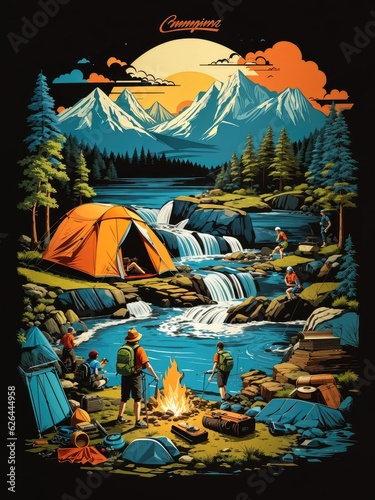 Illustration of a cozy camping scene with a crackling campfire and a tent under a starry night sky