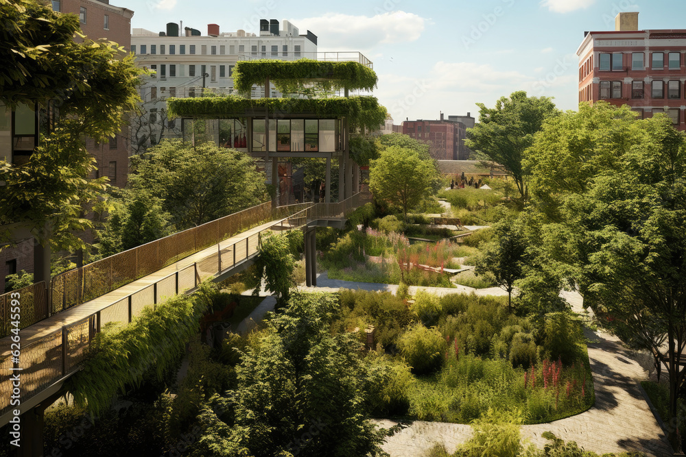 The transformation of an urban space into a green oasis exemplifying urban greening for wellbeing and tranquility. A serene escape in the heart of the city. Generative AI