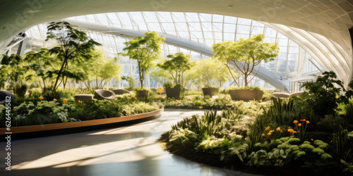 An urban garden nestled within a modern glass building, featuring an ethereal foliage display a play of light and shadow. Nature-inspired installations enhancing wellness in city life. Generative AI