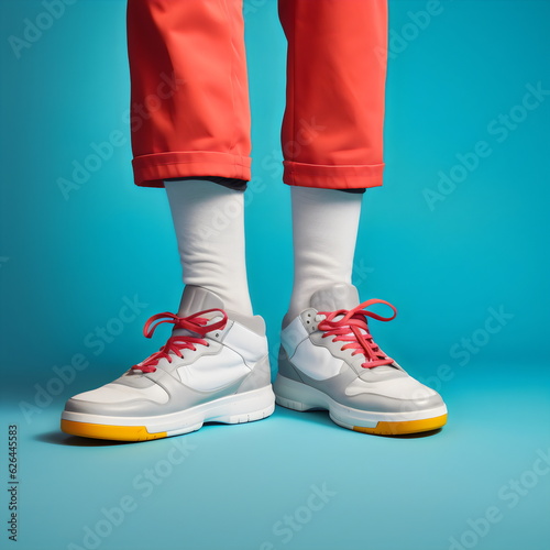 legs and feet wearing white sneakers and rolled up red trousers isolated on plain blue studio background, made with generative ai