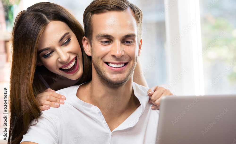 Iage of happy excited smiling couple using laptop at home. Internet, shopping, online store concept - man and woman with domestic computer. Square composition. Iage of happy excited smiling couple using laptop at home. Internet, shopping, online store concept - man and woman with domestic computer. Square composition.