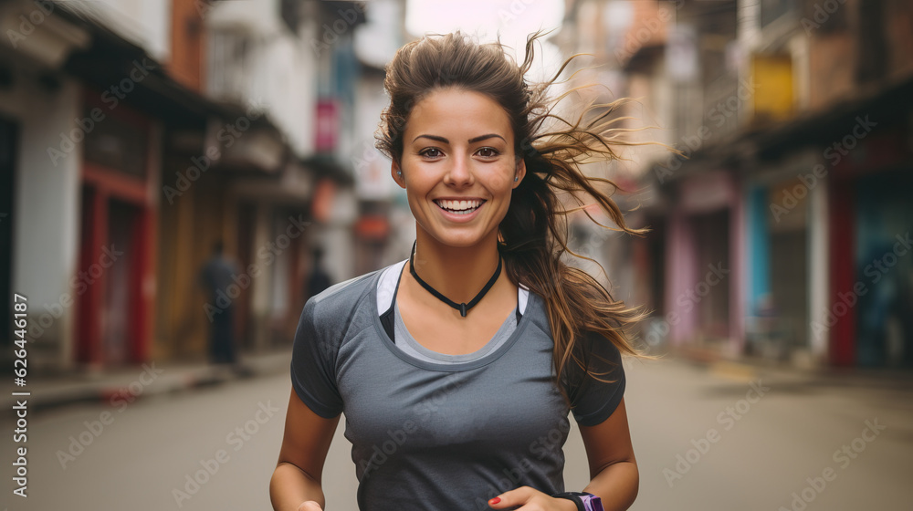 healthy woman with beautiful smile. trail running, marathon, triathlon running, outdoor nature. generative ai