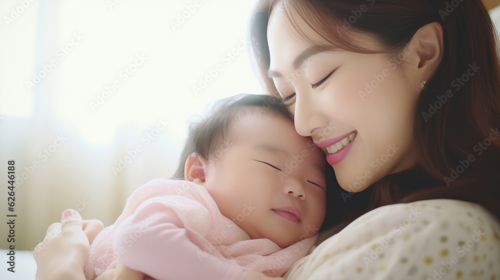 Adorable newborn baby smile and relax in mother arm safety and comfortable.Healthy Asian newborn infant baby laughing with happiness good moment.Mother holding infant baby.Newborn Baby concept Adorable newborn baby smile and relax in mother arm safety and comfortable.Healthy Asian newborn infant baby laughing with happiness good moment.Mother holding infant baby.Newborn Baby concept